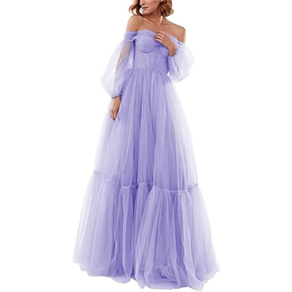 Sz 8 (very adjustable) Light Purple Lilac Sheer Sleeve Tulle Ballgown Dress